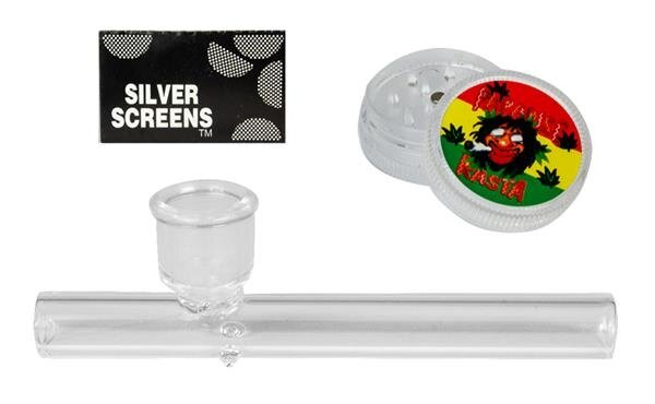 Glaspfeife/Kawumm & KunststoffGrinder Set "Weed Glass", 3tlg.gemischte Designs