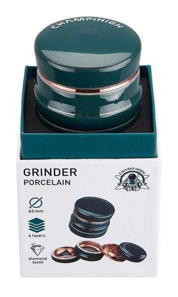 CNC Aluminium Grinder/Polinator, 63mm, 3-teilig, mit Porzellangehäuse "Porcelain" grün/kupfer