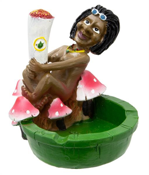 Polyresin Aschenbecher Figur, "Rastafrau mit Joint und Pilzen", 10cm